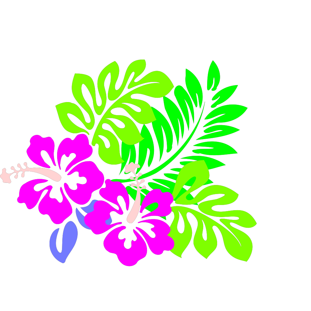 Hibiscus Hot Pink Flowers Tri Colored Green Leaves SVG Clip arts. 